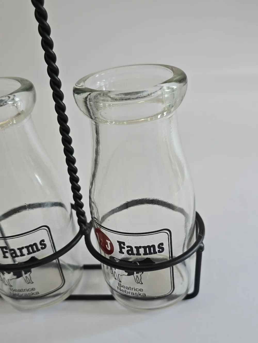 Vintage J&J Farms Set Of 2 Milk Glass Bottle Set With Metal Caddy Beatrice NE
